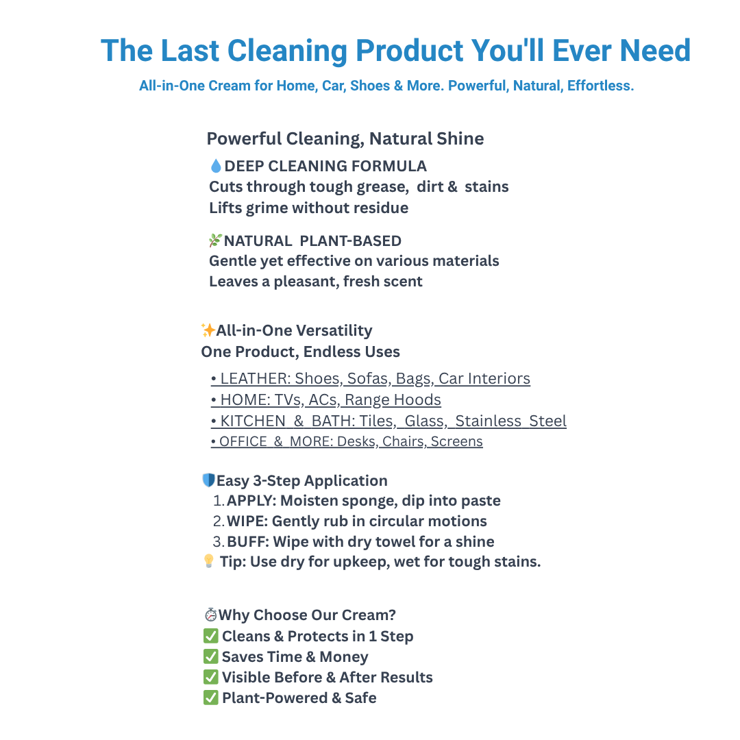 All-in-One Cleaning Wax & Protectant - Natural Plant-Based Formula for Leather Care, Shoe Cleaning, Car Interior, Sofa, Stainless Steel & Tile - Effortless 3-Step Clean