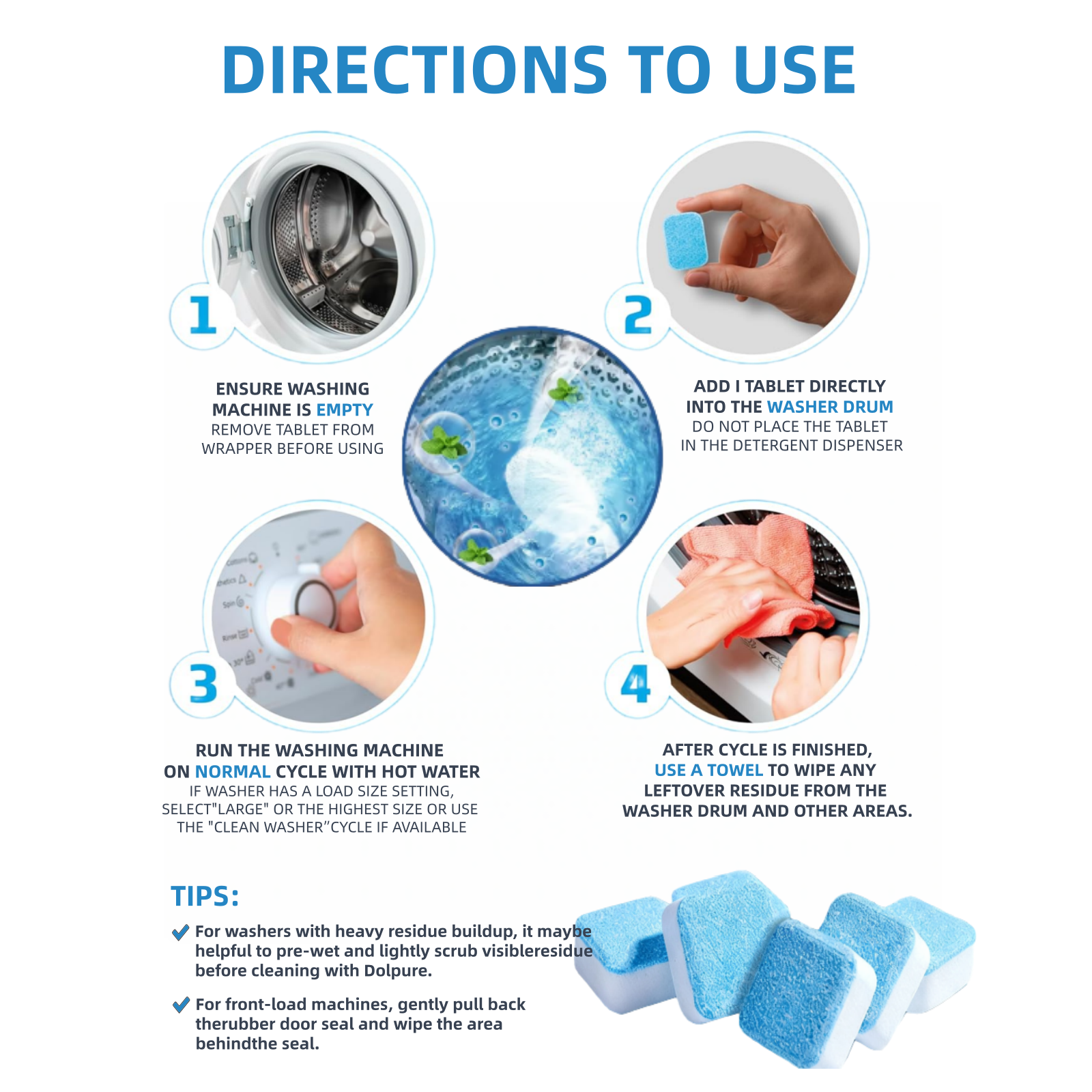 Dolpure Pro-Strength Washing Machine Cleaner Tablets - 12 Count | Powerful Descaling & Mold Removal